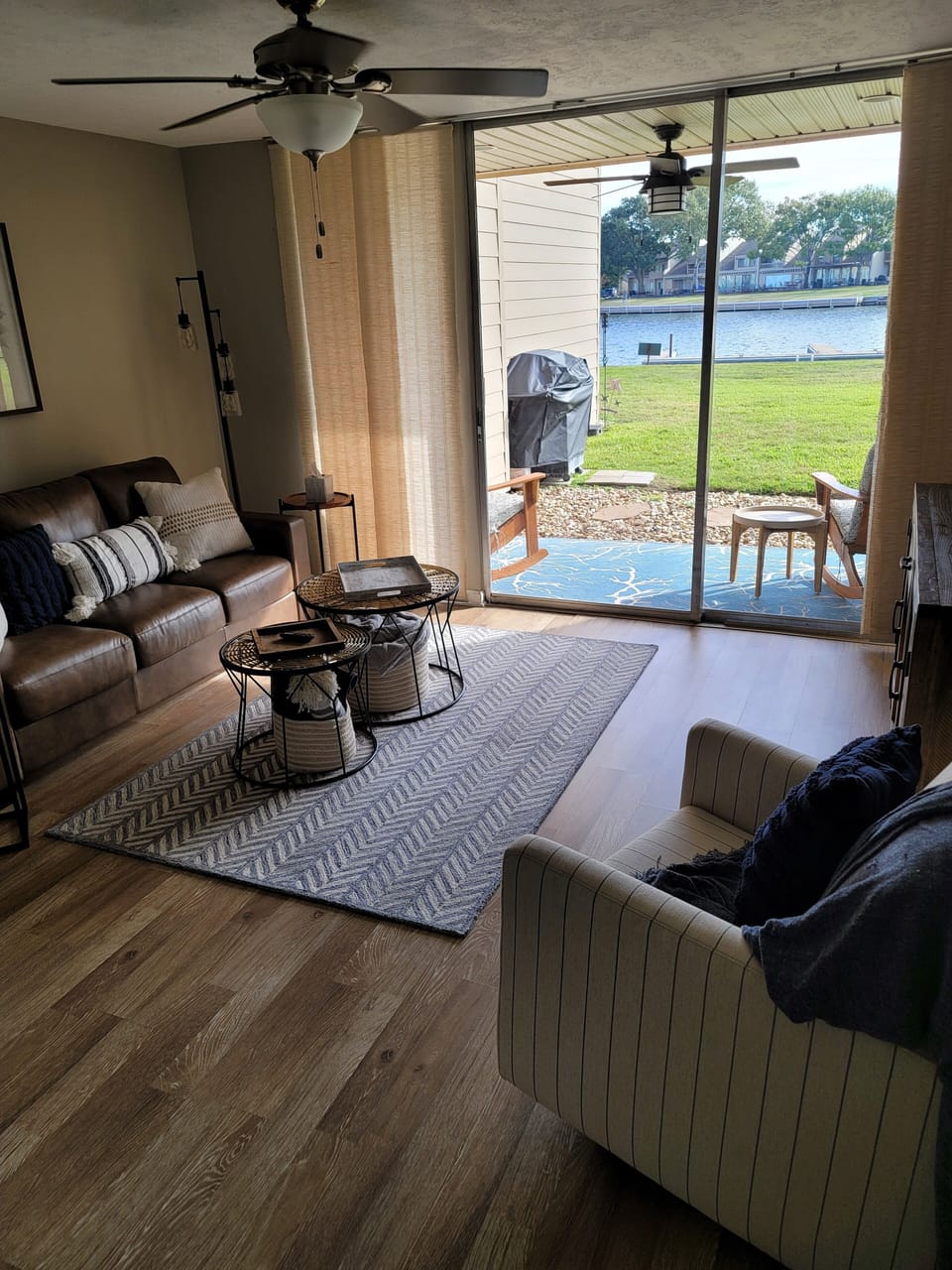 Walk right out to the patio, lawn,  dock, and community pool. 