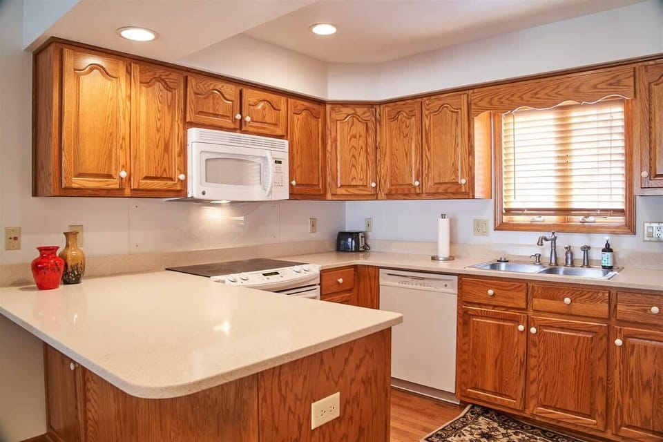 There is ample counter space for preparing full meals or a snack.