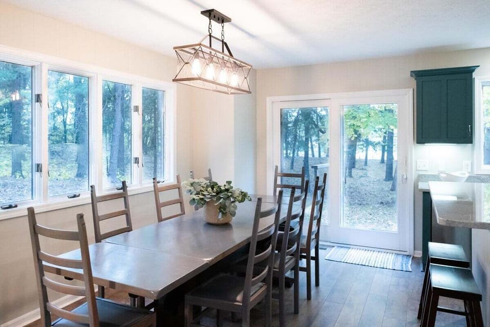Dining area with large farmhouse table with Seating for 8