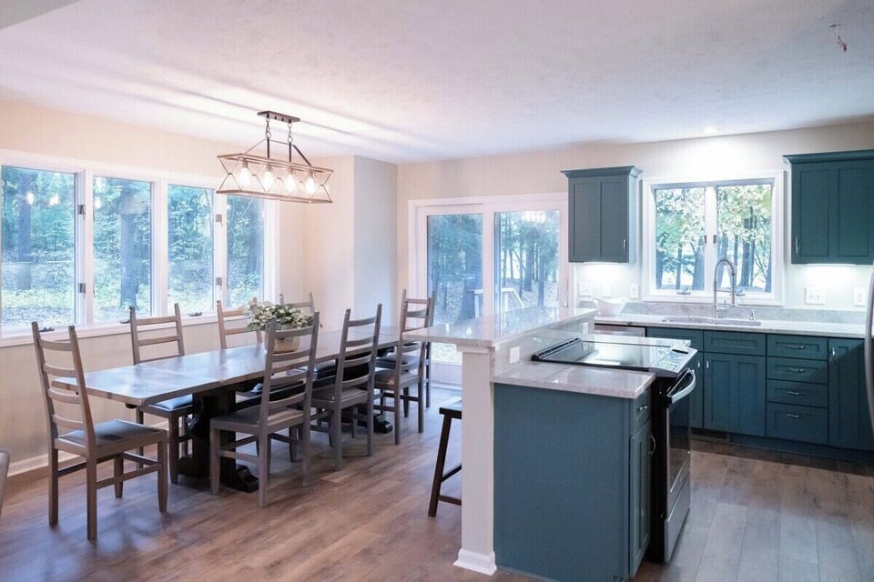 Dining area with large farmhouse table with Seating for 8