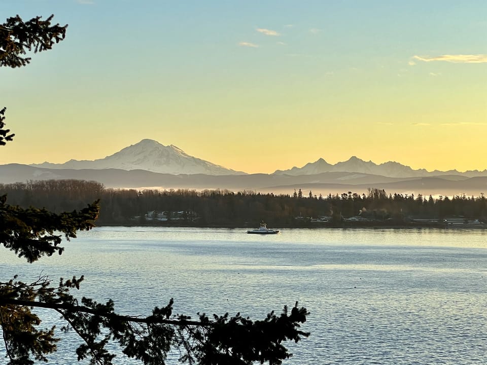 This photo was taken from the main deck!  Watch the ferry come and go.  Mt. Baker and the Twin Sisters are spectacular!