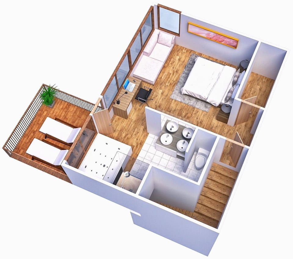 Diagram of the Primary Bedroom suite (upstairs from the entry floor)