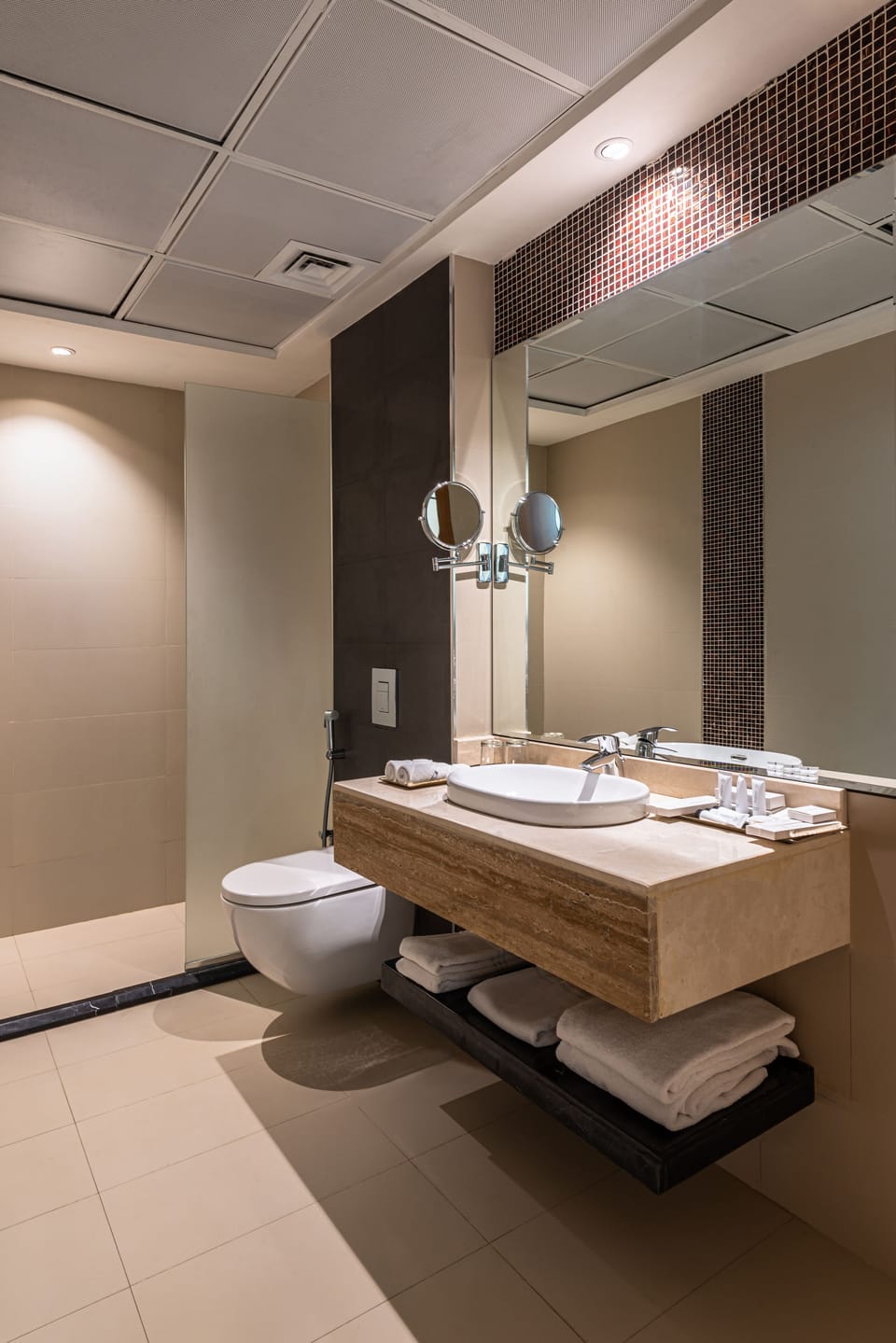 Shower, rainfall showerhead, hair dryer, towels