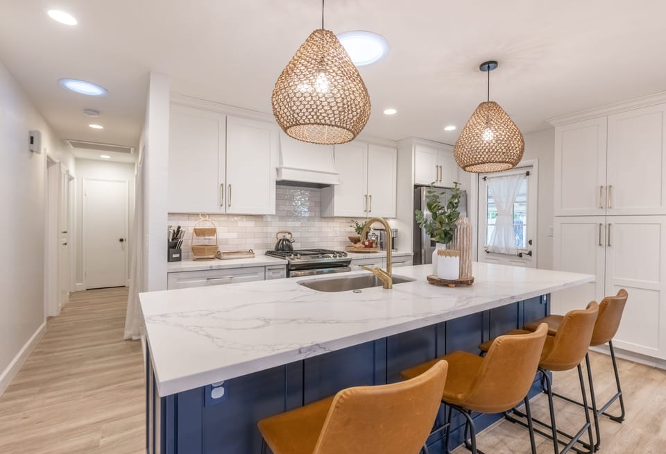 Beautiful modern kitchen, large island with seating. 