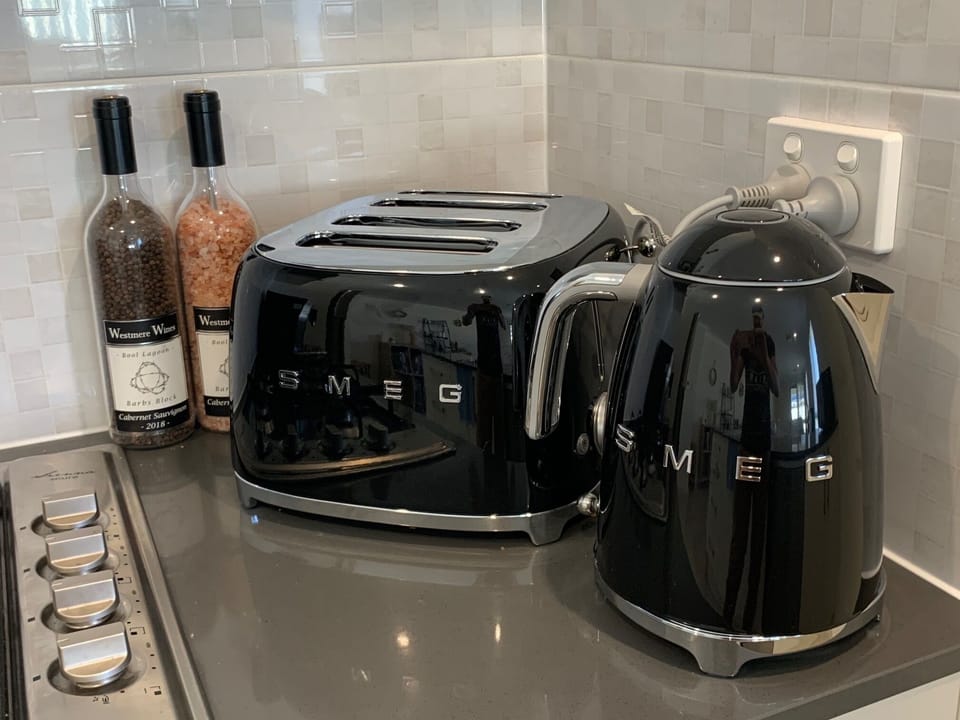 SMEG appliances to toast your bread and boil the water. Westmere Wines for S&P.