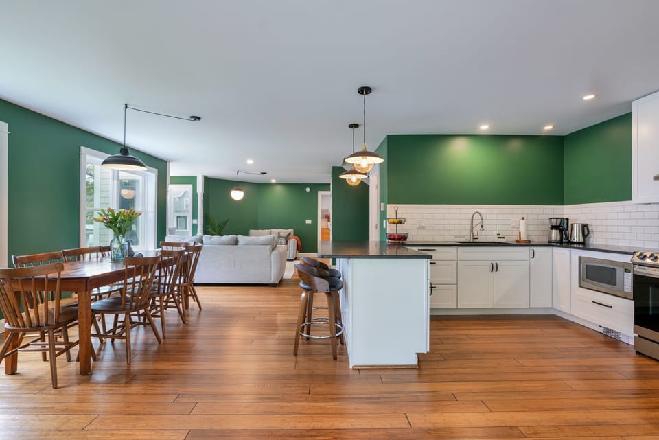 The open-plan kitchen, dining and living area gives everyone room to cook, eat and spend time together