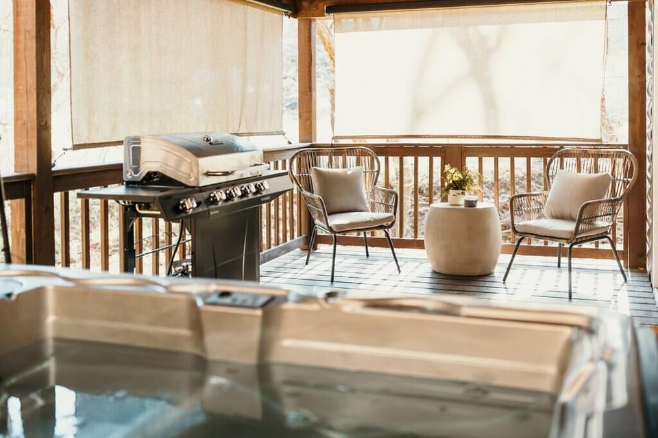 Hot tub, grill and seating area