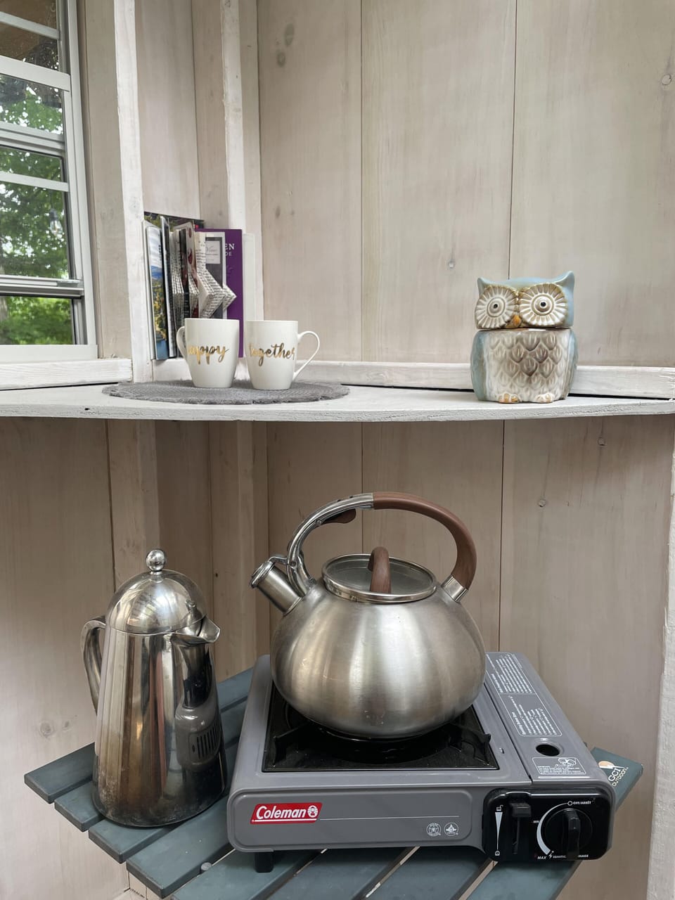 Butane burner stove, teapot & french press + coffee provided