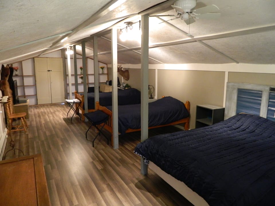 Upstairs loft. 1 Queen and 2 twin beds complete with pull out couch and TV area
