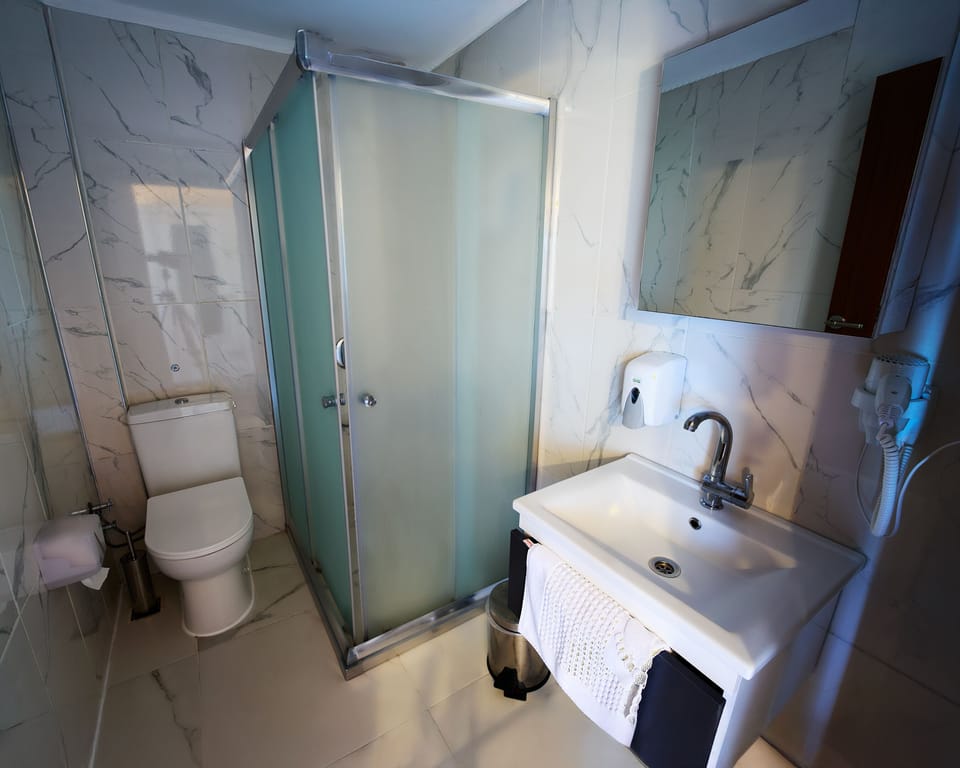 Shower, hydromassage showerhead, hair dryer, bathrobes