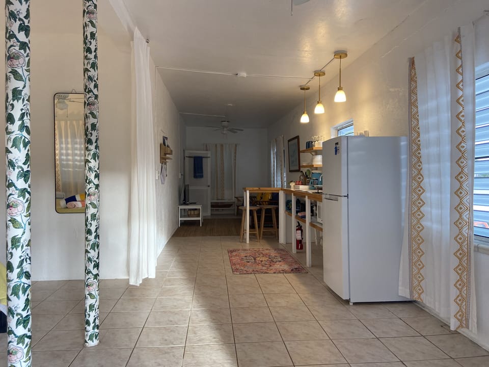 View of apartment upon entry with bedroom on left- curtain open.