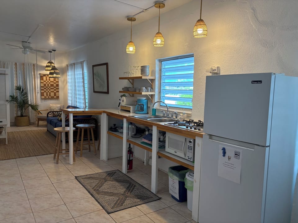 fridge, 4 burner stove, microwave, drip coffee and coffee provided