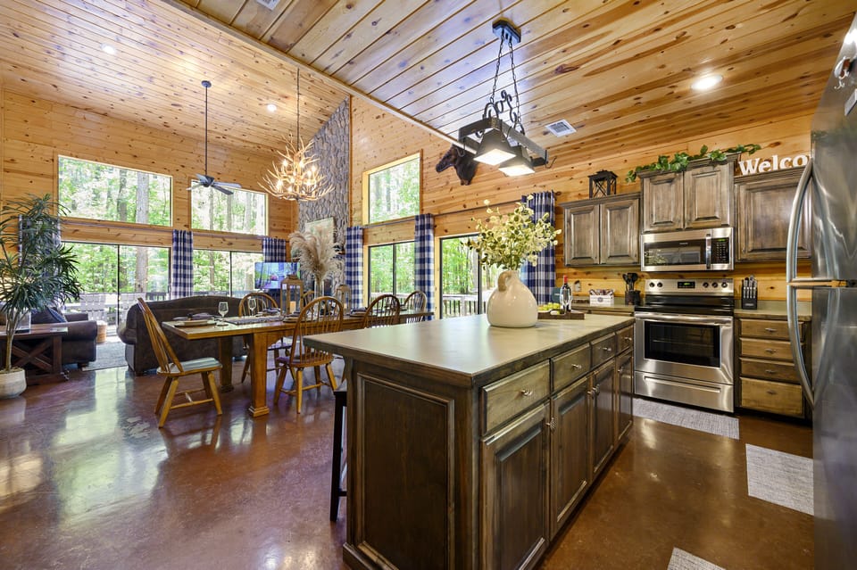 Kitchen island view into the living room