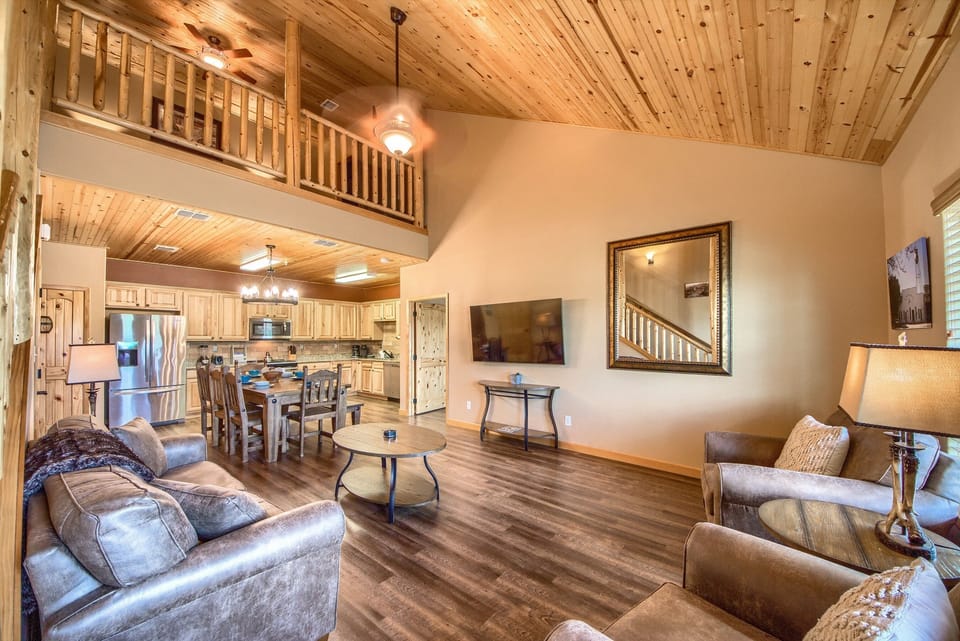 Beautiful open living room/kitchen area/loft.