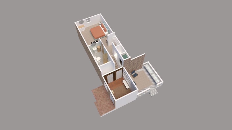 3D rendering of the entrance, mudroom, unit and deck. Needs updating for 2024.