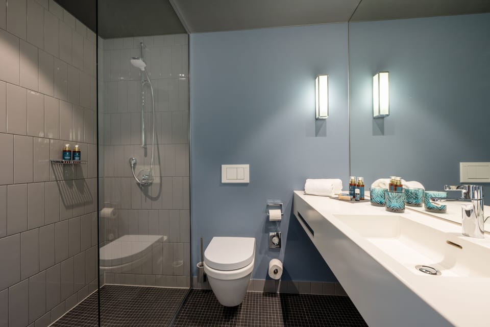 Shower, designer toiletries, hair dryer, bathrobes