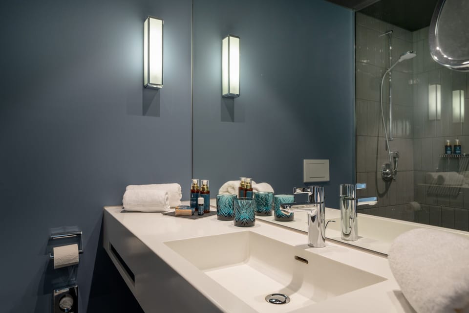 Shower, designer toiletries, hair dryer, bathrobes