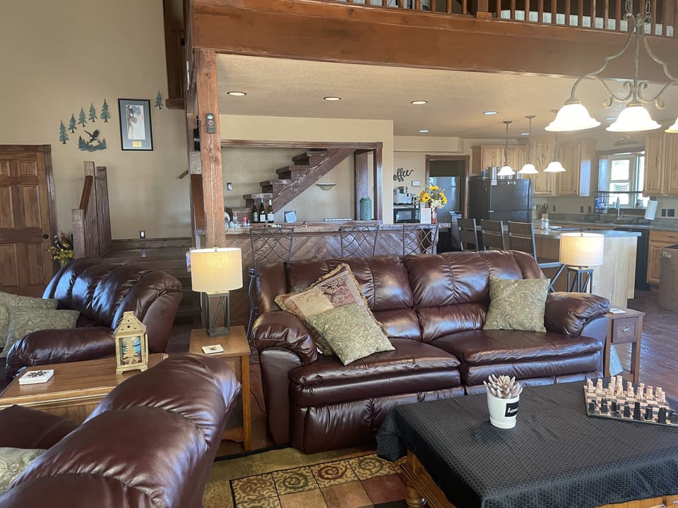 Living Room with Bar and Kitchen in background