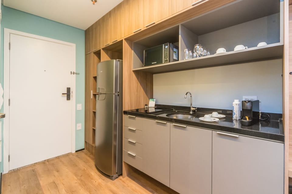 Fridge, microwave, stovetop, espresso maker