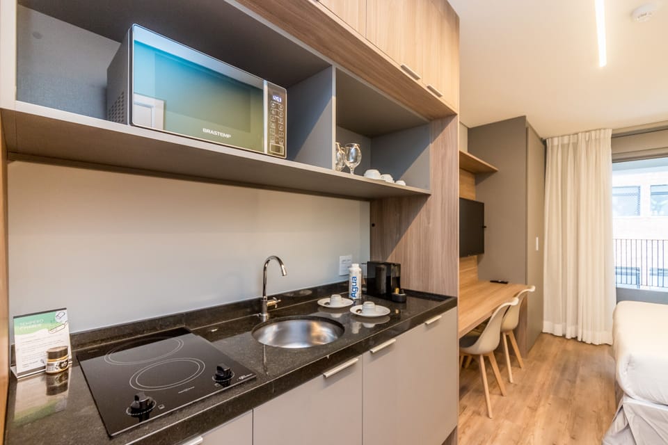 Fridge, microwave, stovetop, espresso maker