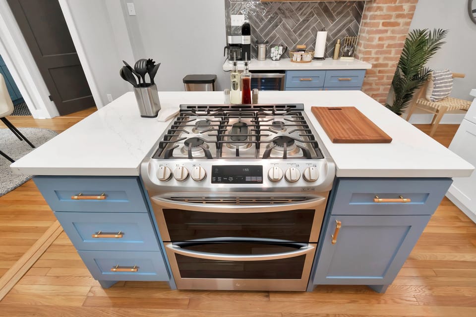 All new utensils including gas range with double oven and large burners.