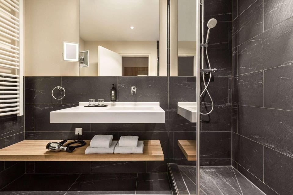 Shower, hair dryer, towels