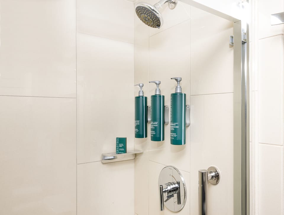 Combined shower/tub, eco-friendly toiletries, hair dryer, towels