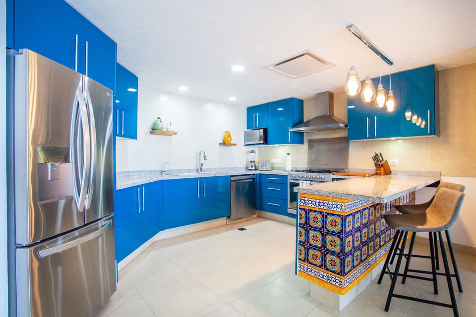 Colorful kitchen well stocked