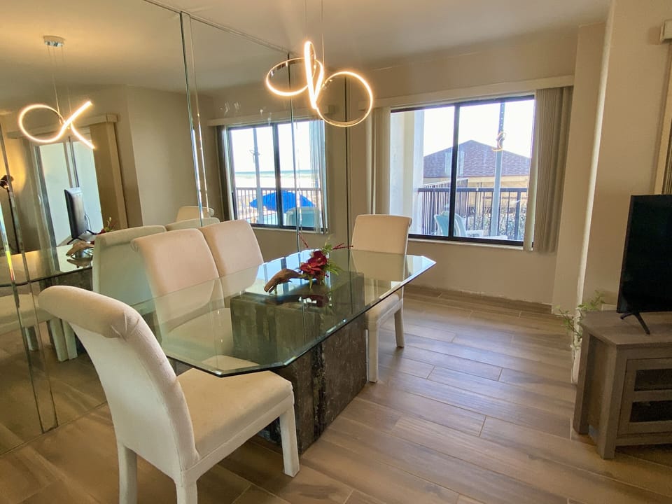 Separate dining area with seating for six.