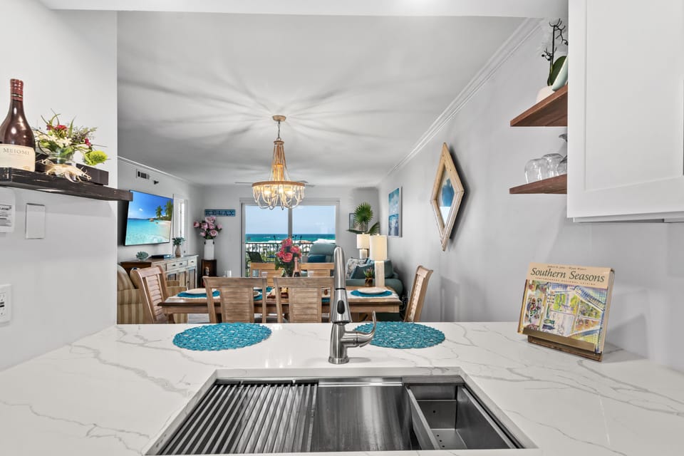 Gourmet farm sink, with vegetable washer and drying rack, kitchen views of  gulf