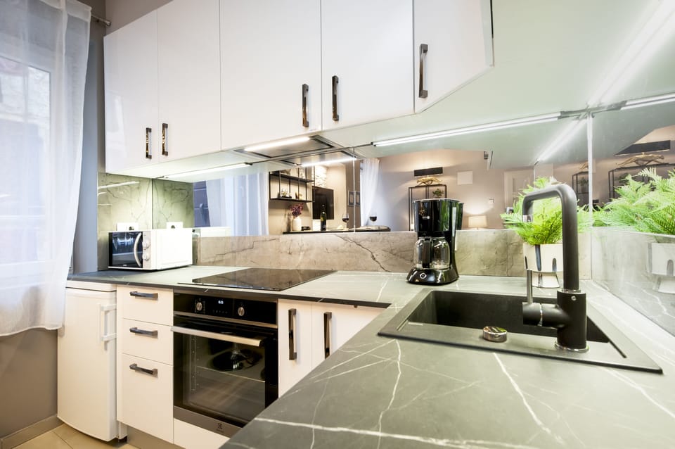 Deluxe Apartment | Private kitchen | Fridge, microwave, oven, stovetop