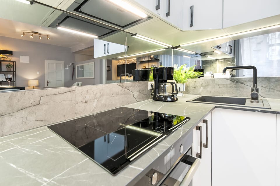 Deluxe Apartment | Private kitchen | Fridge, microwave, oven, stovetop