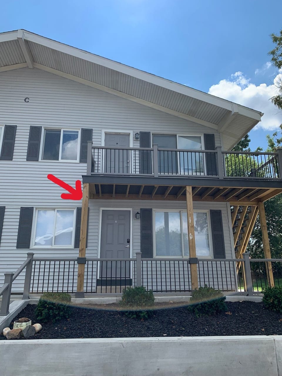 Unit is located on the elevated first floor. Please note- stairs lead to unit.