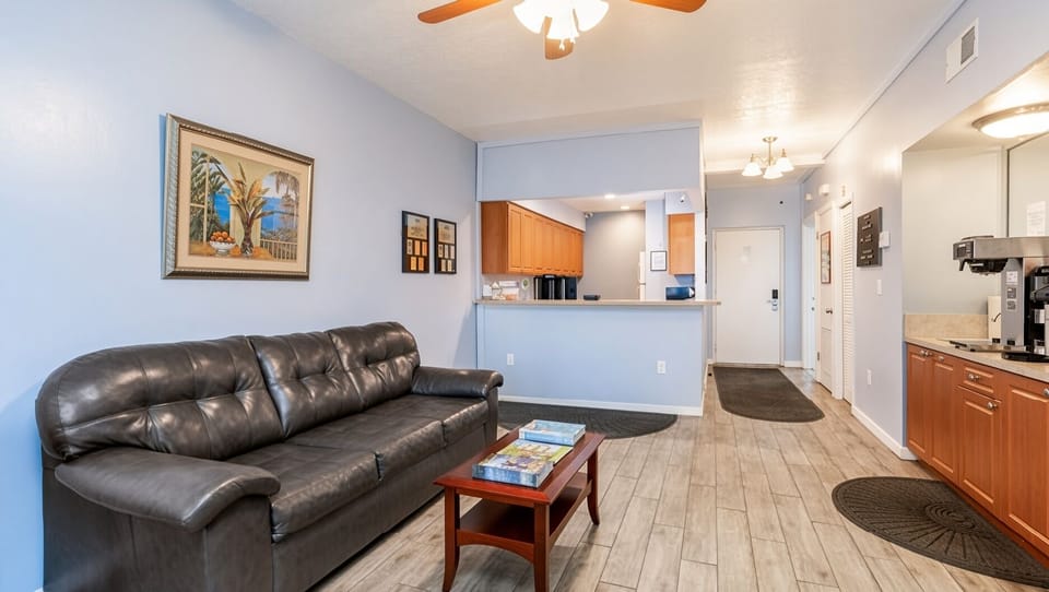 Living Area • Leather Sofa & Kitchenette