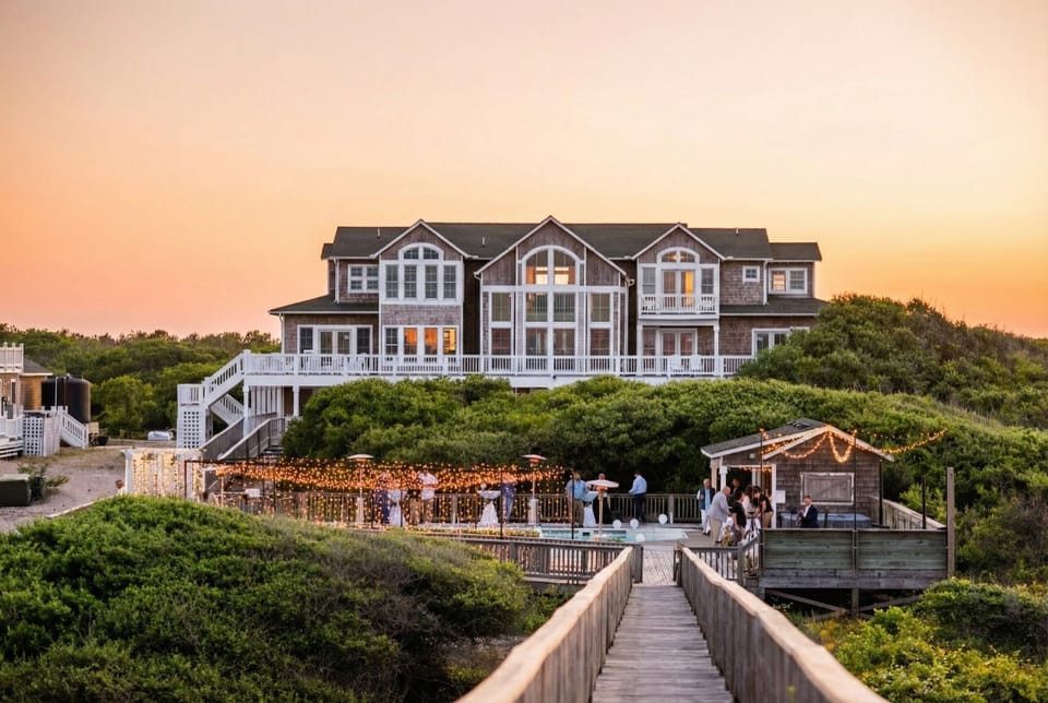 Wedding Reception Venue — The Hemingway at Golden Hour, 14BR Oceanfront Home with Private Pool & Deck | Dramatic Evening Setting for Receptions & Celebrations