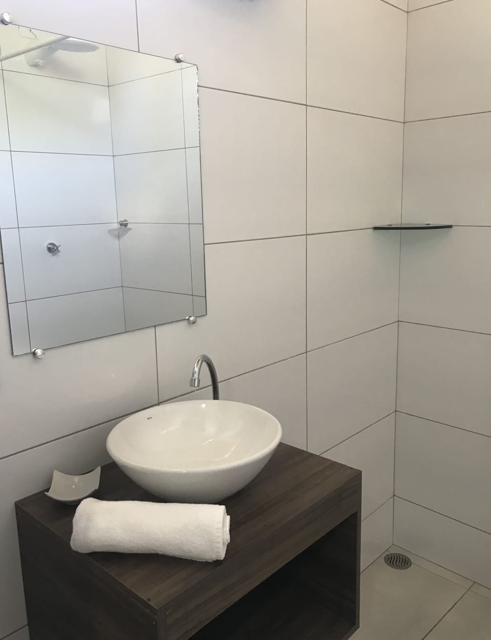 Shower, rainfall showerhead, bathrobes, towels