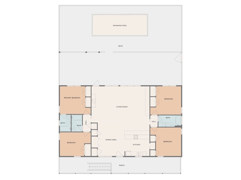 This spacious floor plan reveals four comfortable bedrooms, open living areas, and a private pool with deck for your perfect getaway.
