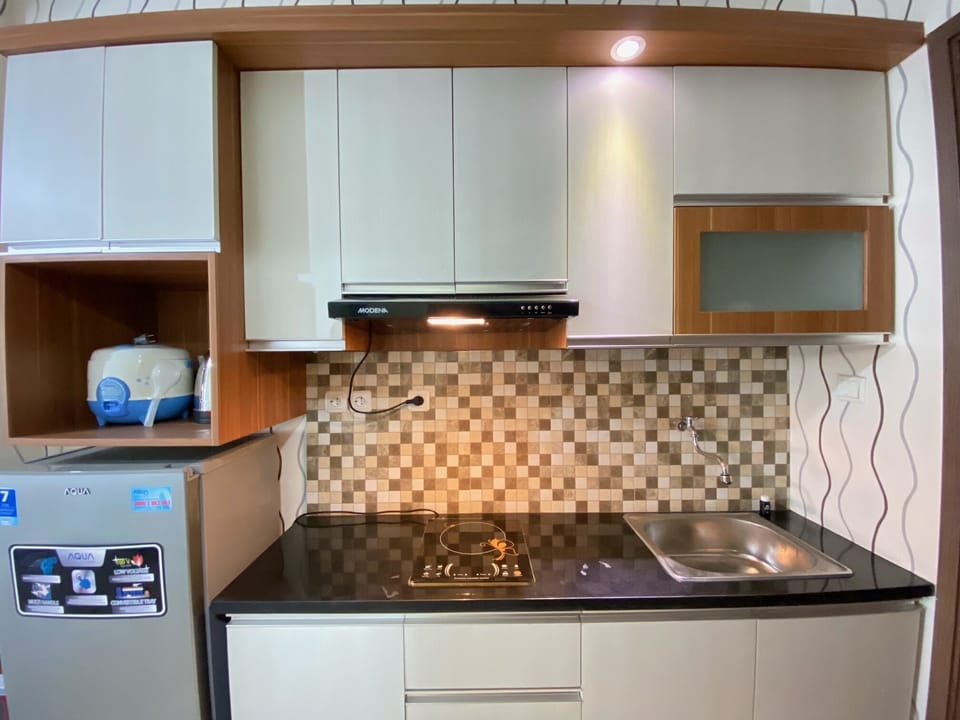 Fridge, stovetop, cookware/dishes/utensils