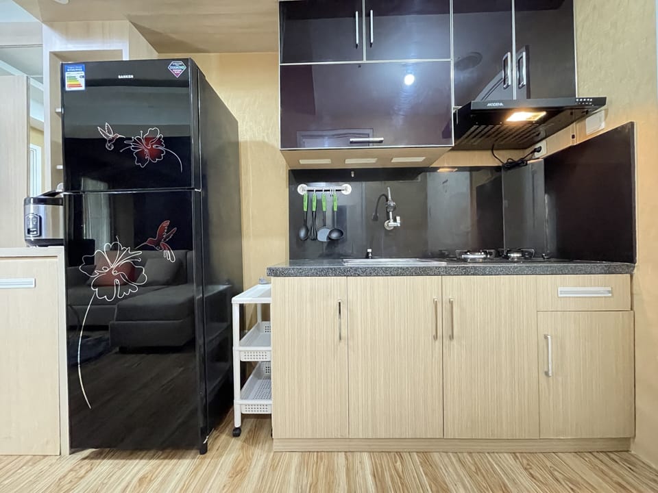Fridge, stovetop, cookware/dishes/utensils