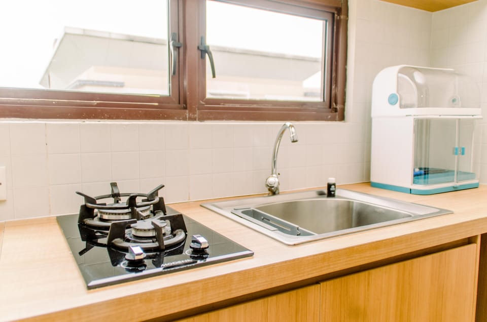 Fridge, stovetop, cookware/dishes/utensils