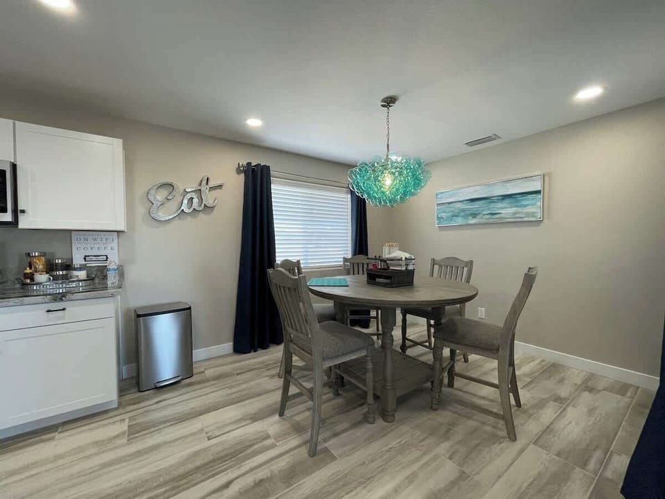 Dining area, both at the table and the counter top.