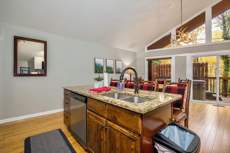 Kitchen with bar top seating.
