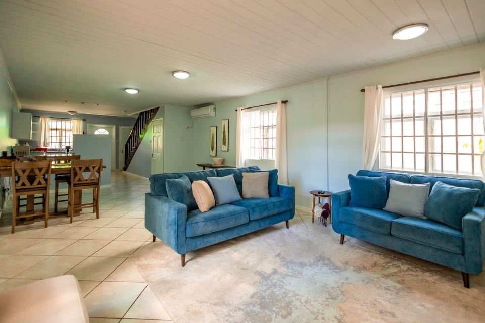 Open floor plan living room, fully air conditioned reading material, smart tv