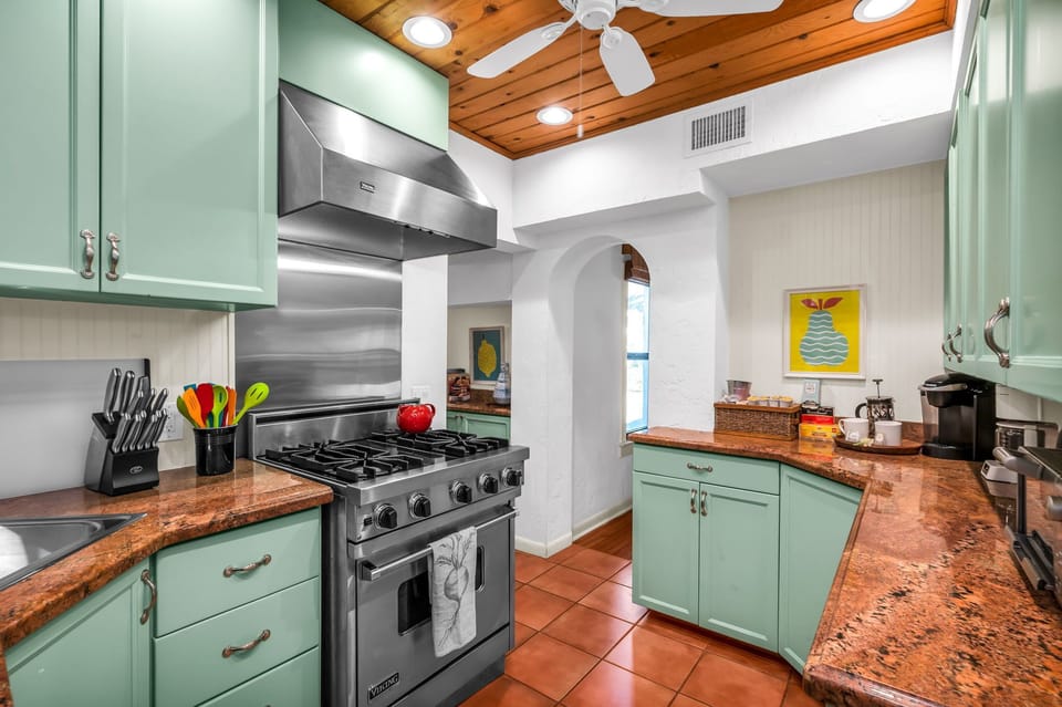 The Kitchen is brightly painted and a pleasure to cook in. It has everything you need to create a fabulous home-cooked meal for family or friends. There is a gas range, stainless steel stove and oven, Keurig, kettle, and blender.