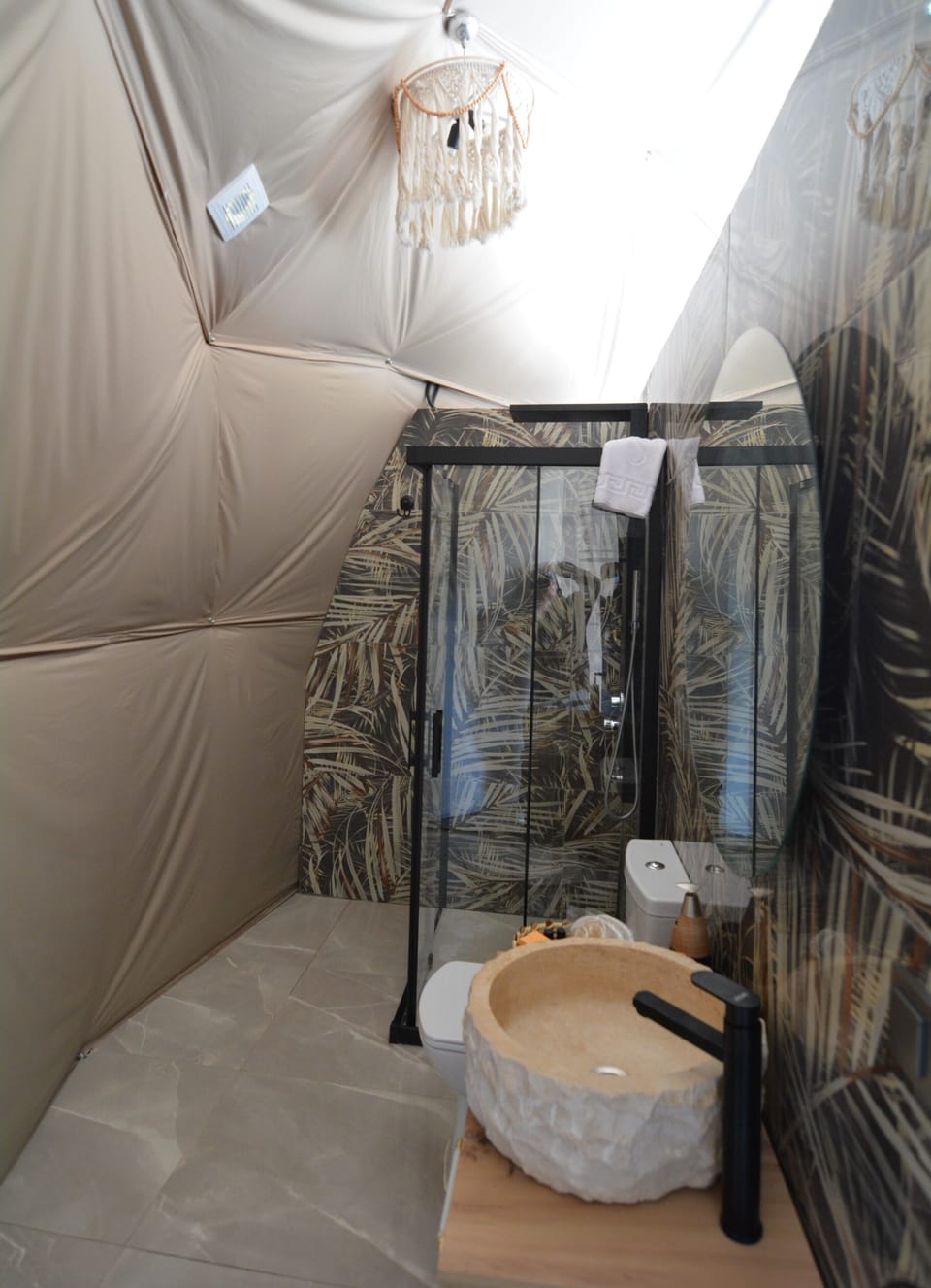 Shower, rainfall showerhead, hair dryer, bathrobes
