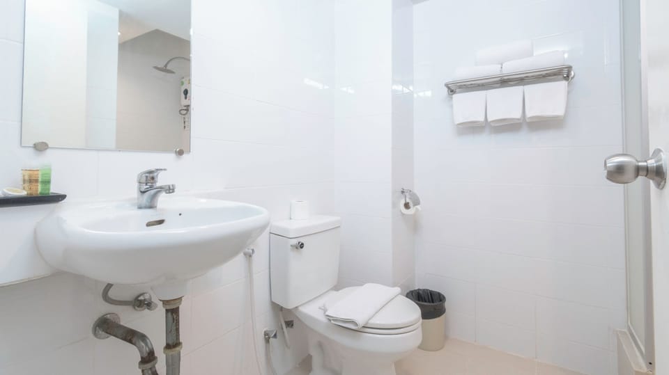 Shower, free toiletries, hair dryer, towels