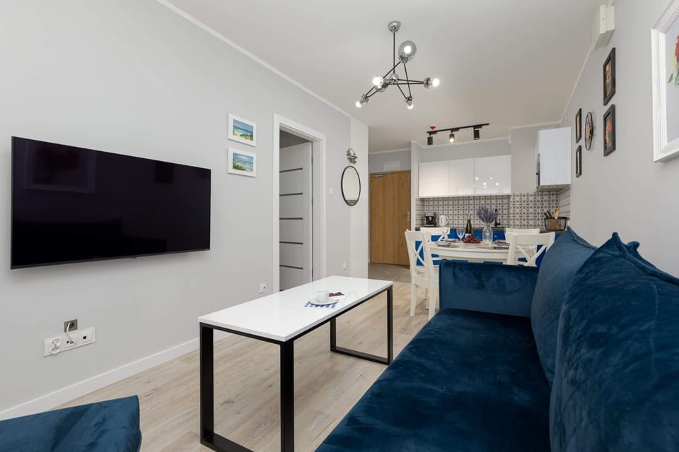 Another angle of the living room, showing the dark blue couch, a coffee table, and a wall-mounted TV. There's also a decorative plant nearby.