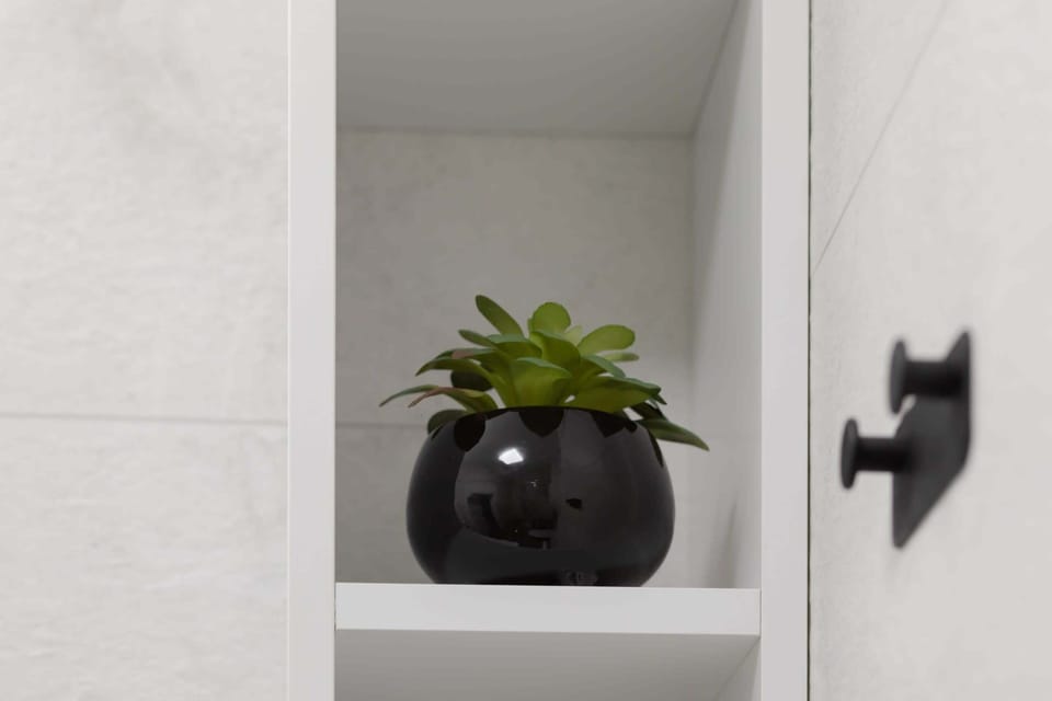 A bathroom shelf with a small potted plant. The white and black color scheme looks modern and minimalistic.