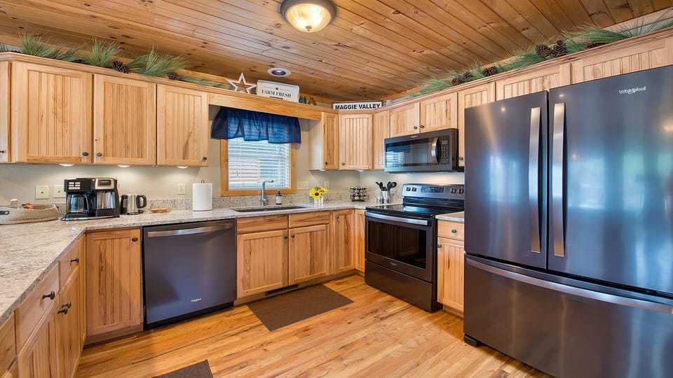 Everything you need to prep and cook is provided within the numerous cupboards.