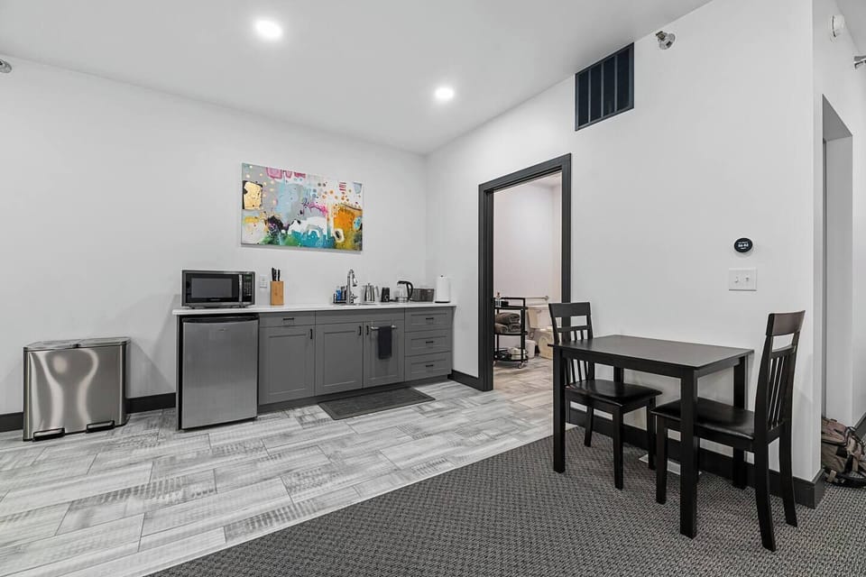 Kitchenette, dining, bathroom